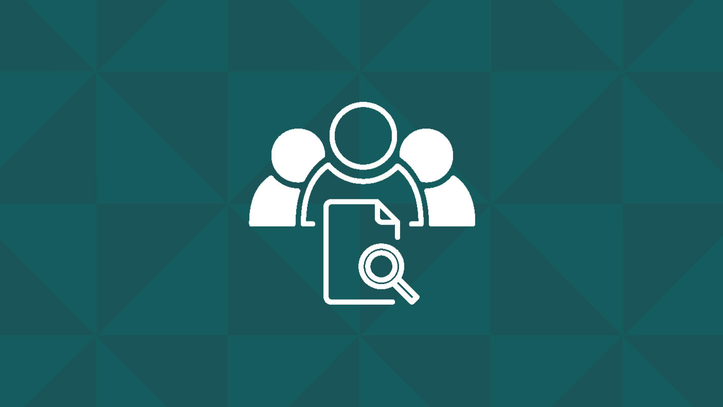 Icon graphic of three people and a paper with a magnifying glass over it.