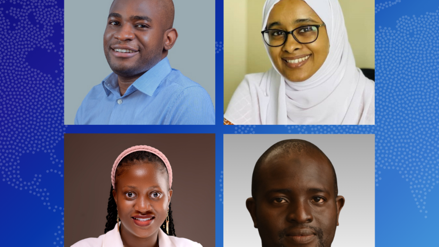 Four headshots in a grid with blue borders