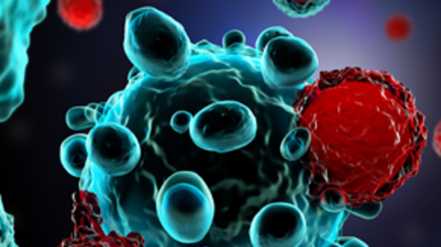 3d illustration of T cells attacking cancer cells. Shows a blue-colored cancer cell with two smaller red cells attached.