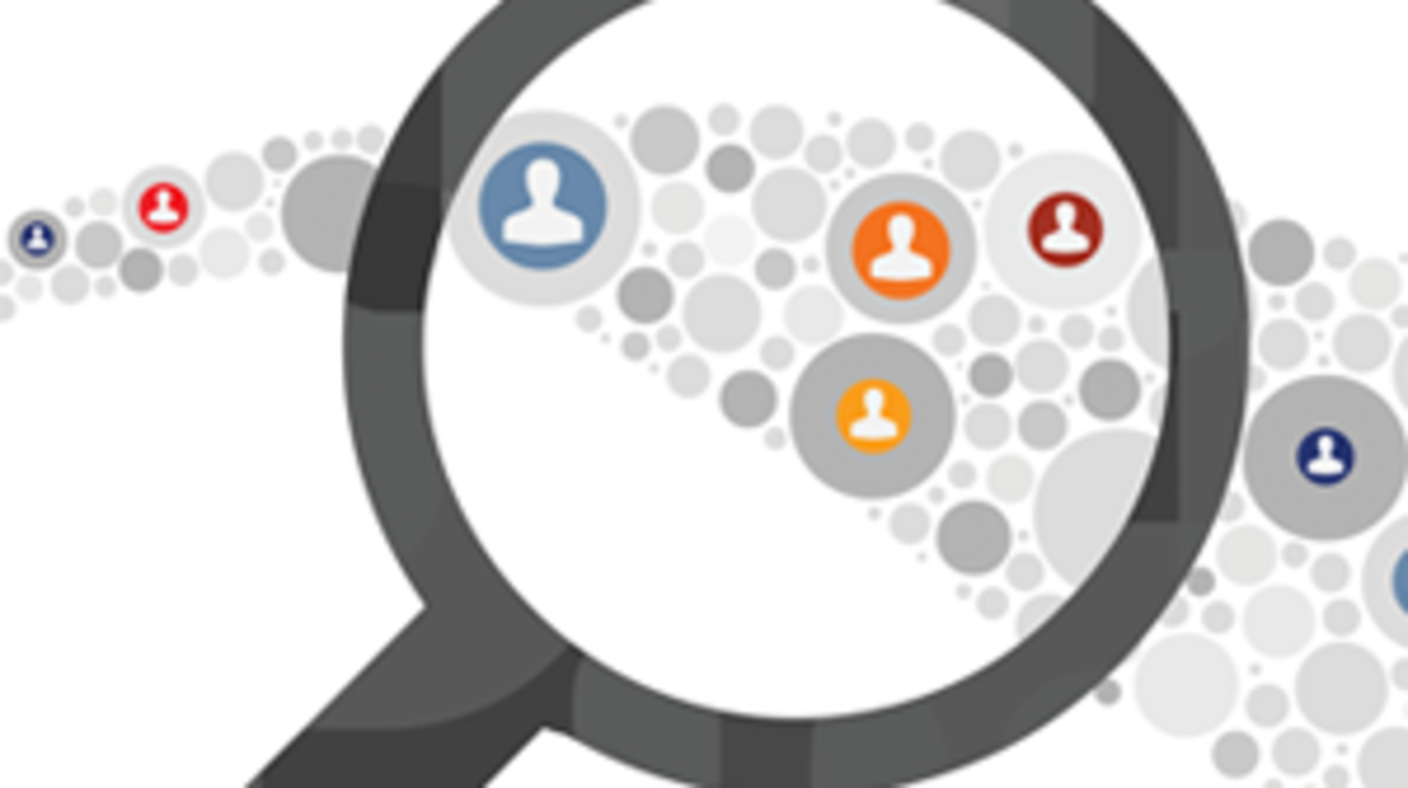 Spyglass hovers over a stream of circles containing illustrated headshots; signifies the idea of matching people to specific cancer treatments. 