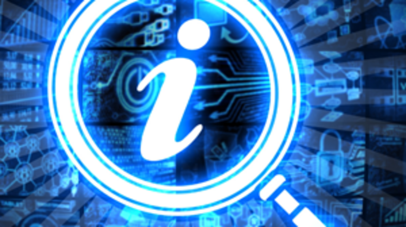 Abstract blue technical background with a magnifying glass focused on the letter 'i'.