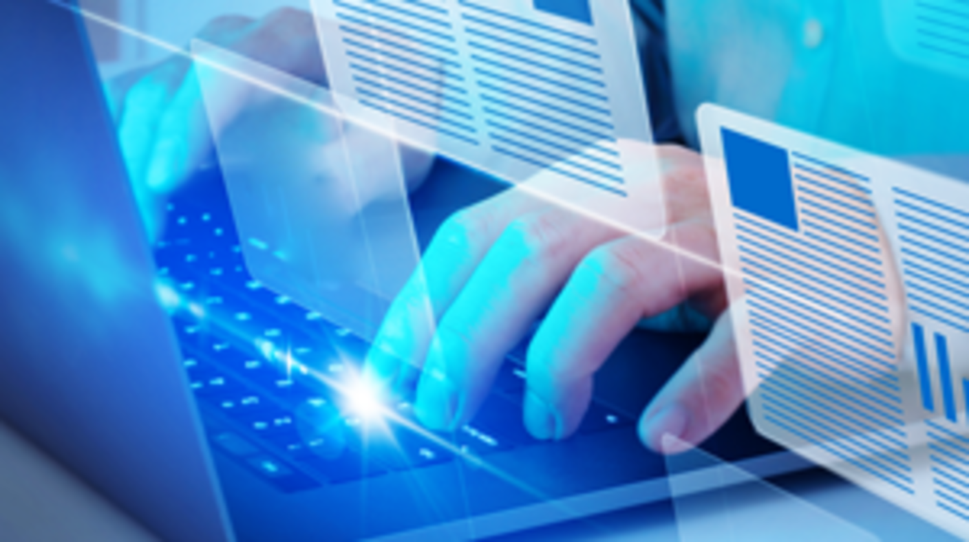 Image of a person typing on a laptop with article icons superimposed in the foreground.