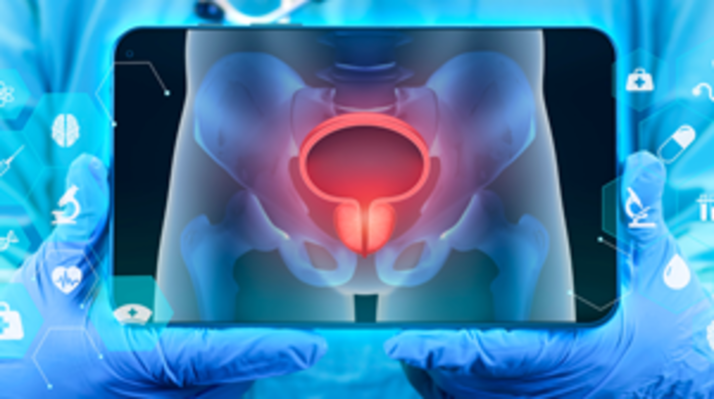 A doctor presents a laptop displaying a prostate image. Small icons around the laptop represent items found in clinical medicine, including a syringe, a microscope, medical scans, a doctor’s bag, and a nurse’s cap. Denotes the idea of bringing technology into clinical practice.