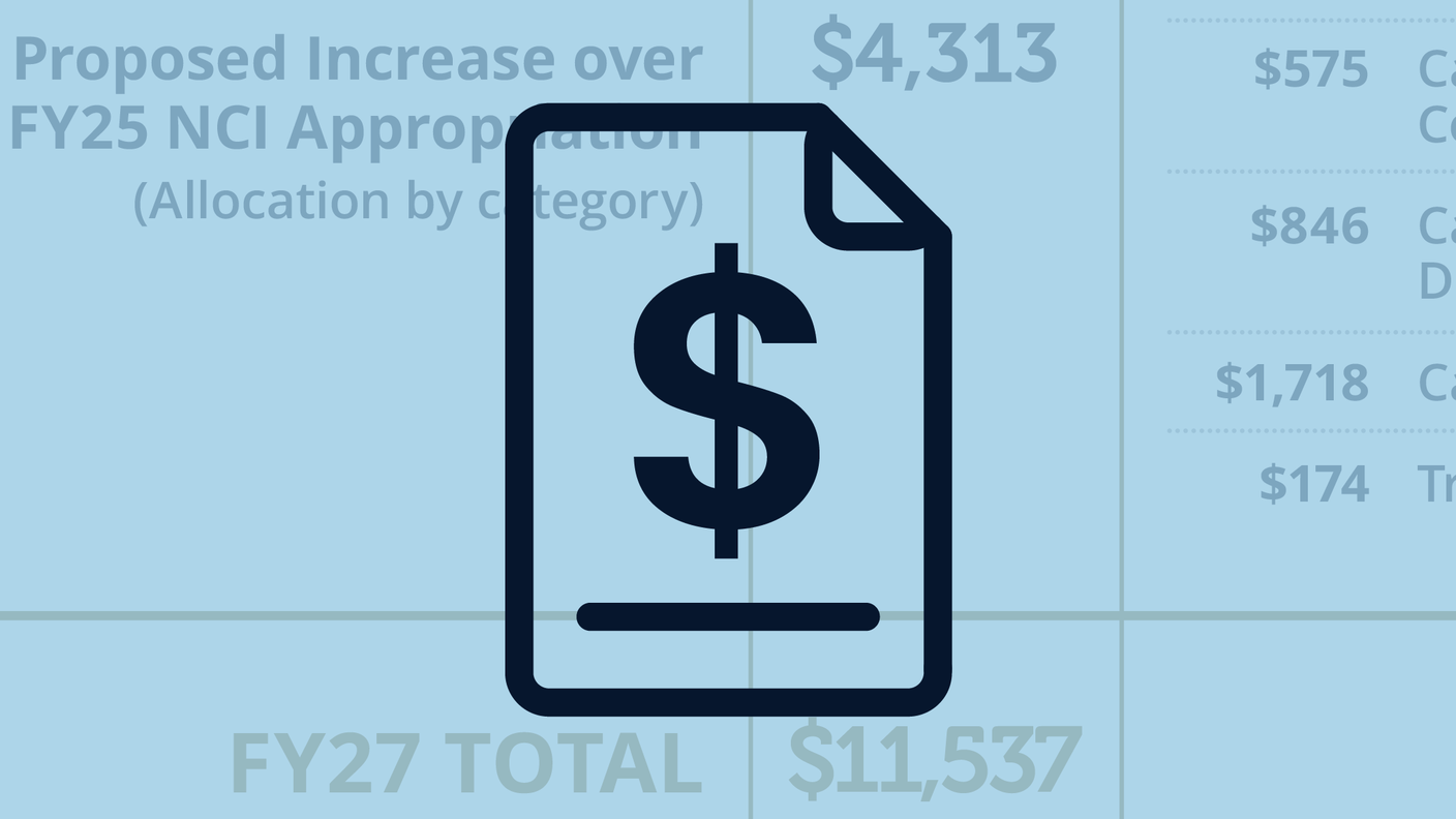 Dark blue icon of a dollar sign on a page, overlaid onto a blue background showing cells from a budget spreadsheet.