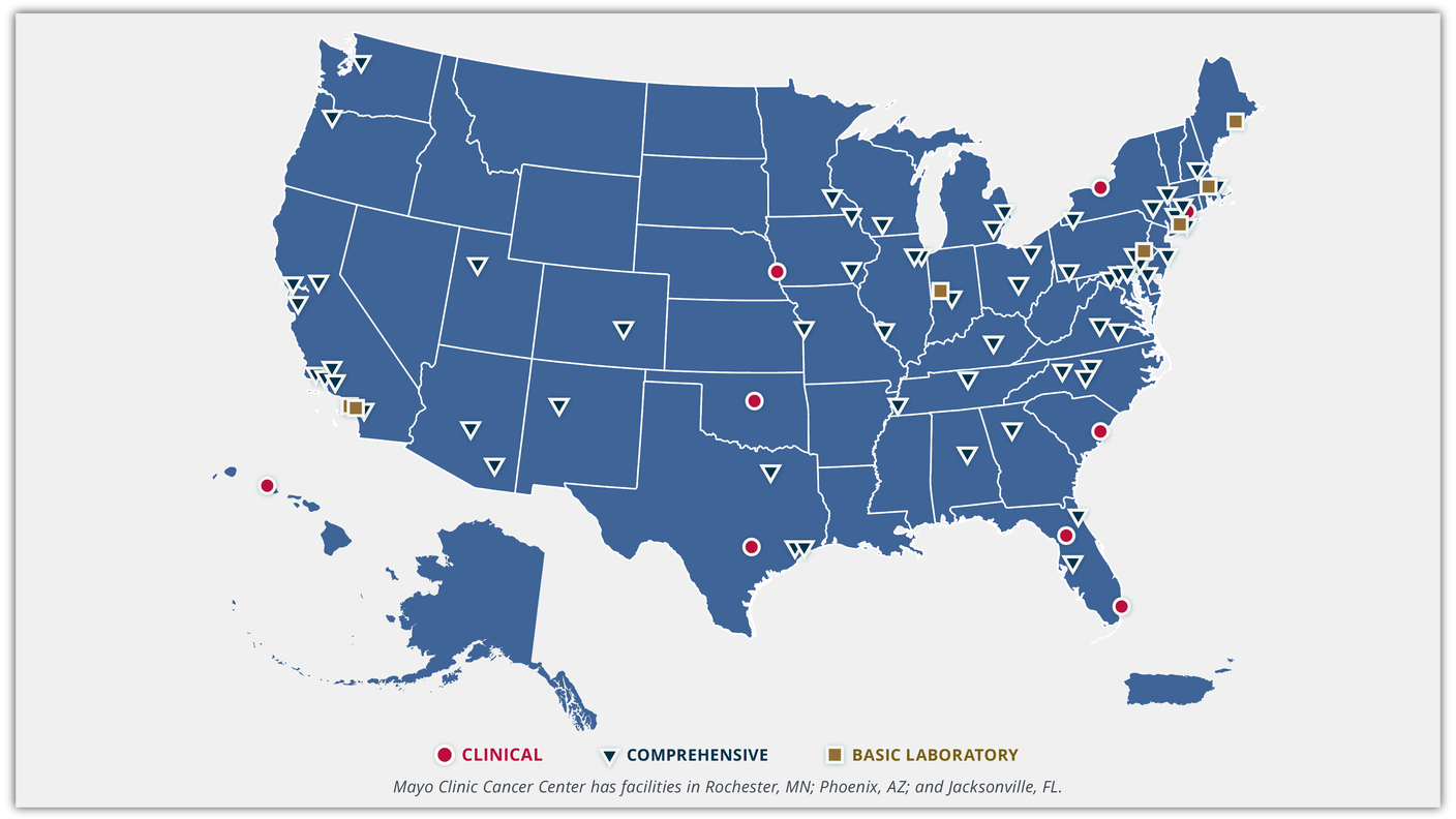A map of the USA with designations for the locations of cancer centers