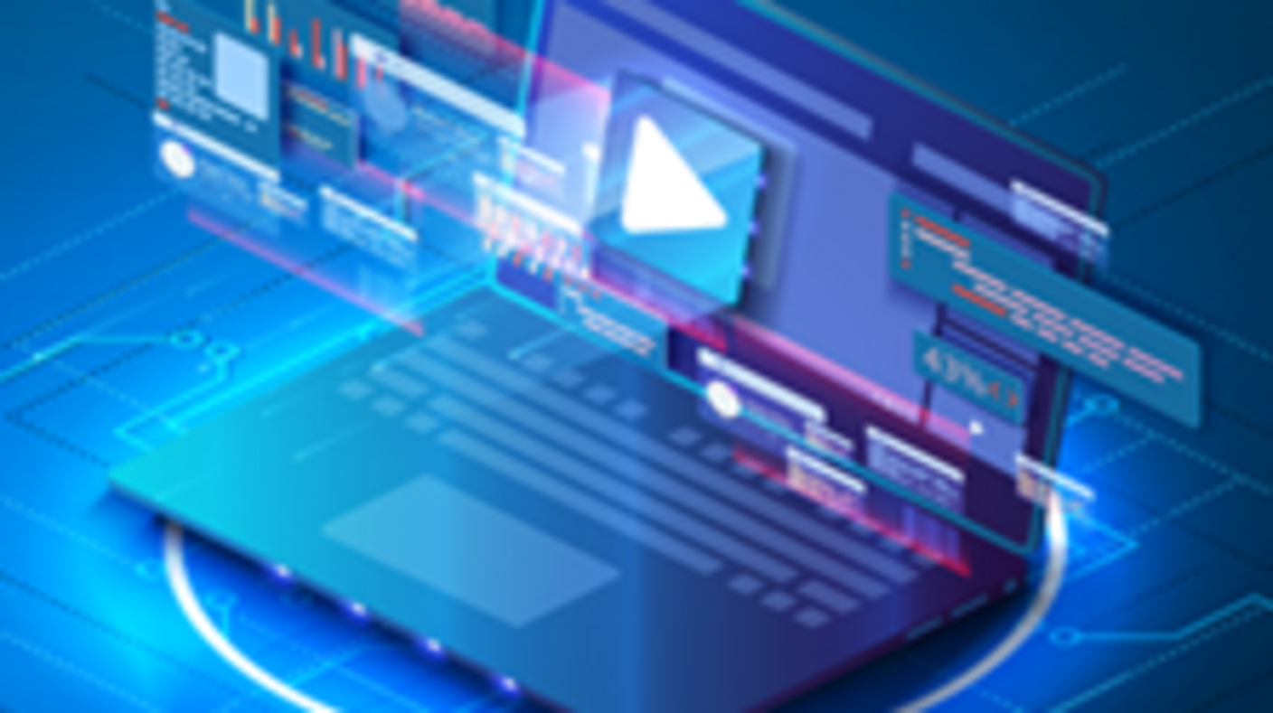 Illustration of laptop overlayed with holographic applications and browsing windows; the background is an illuminated circuit board, symbolizing computational processing.