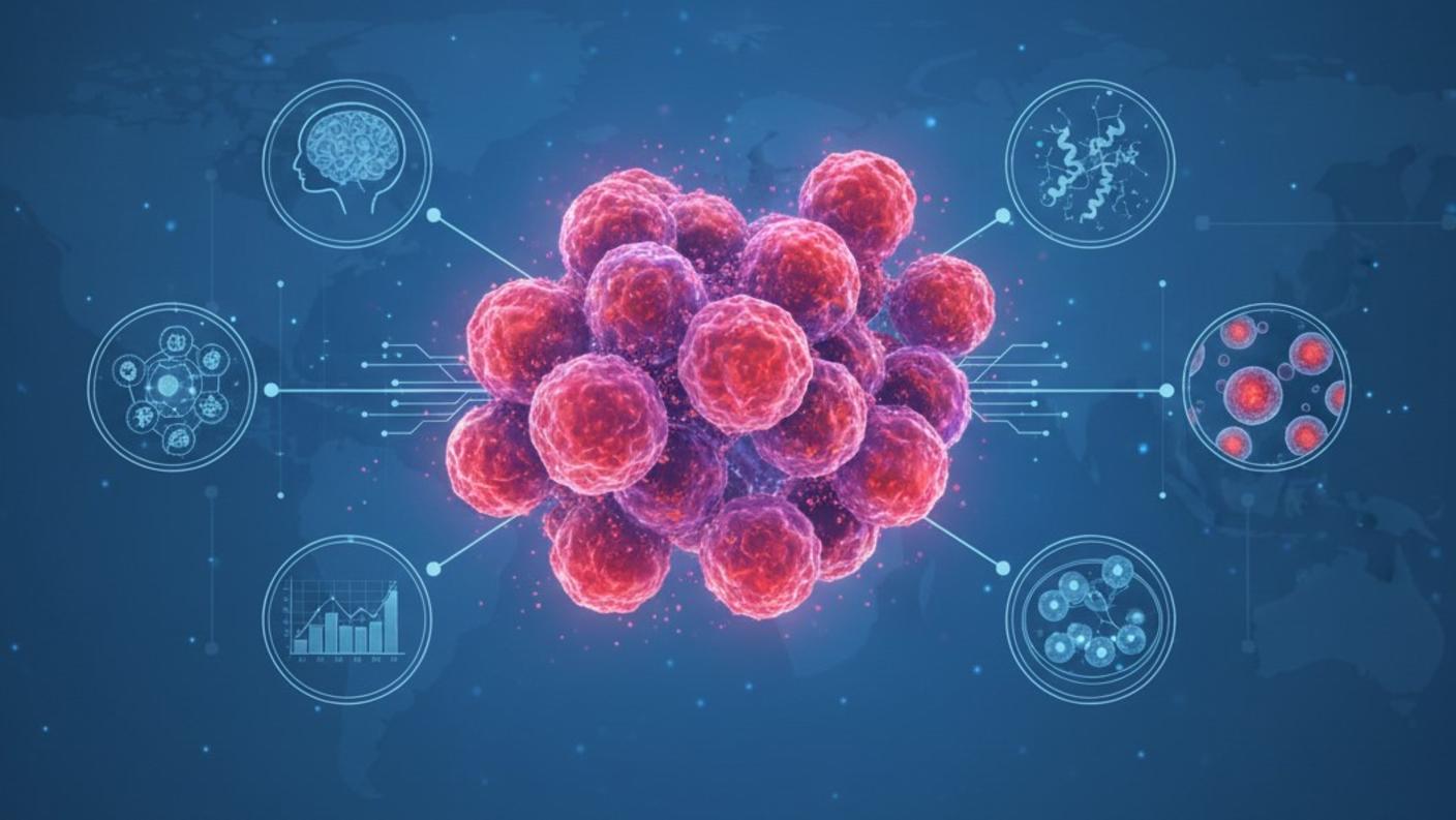Google Flow generated image generated to represent data sharing and reuse for cancer biology showing cancer cells in the middle that connect to data, networks, the brain, cells, and a molecular structure overlaying a global map