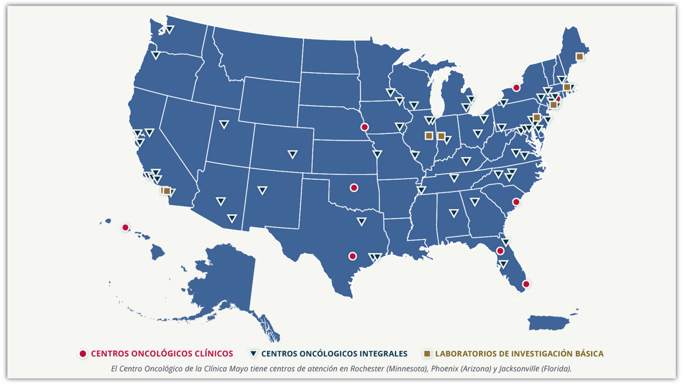 Un mapa de los Estados Unidos en el que se muestra la ubicación de los centros oncológicos.