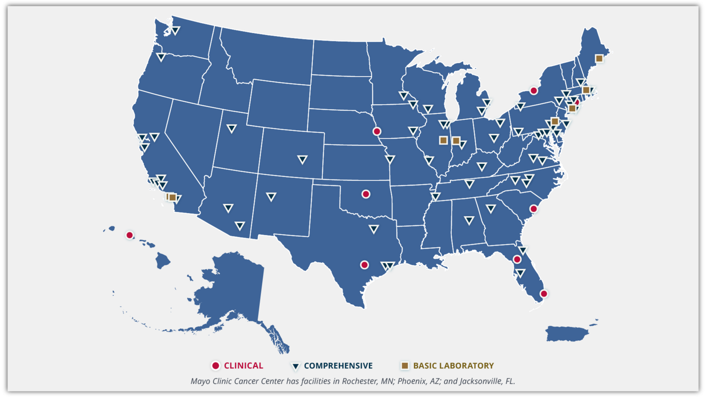 A map of the USA with designations for the locations of cancer centers