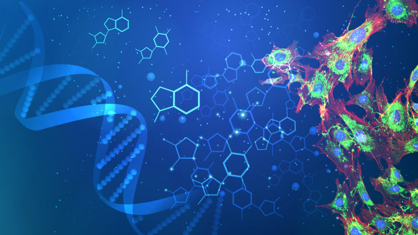 A double helix, hexagonal molecules, and cells on a blue background.