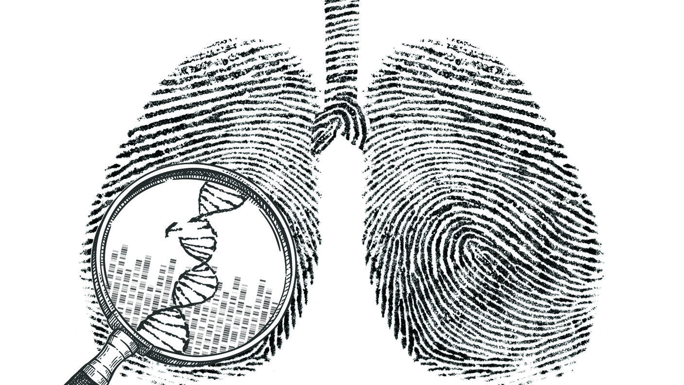 Art showing a human lung made out of fingerprints with magnifying glass, which reveals DNA.