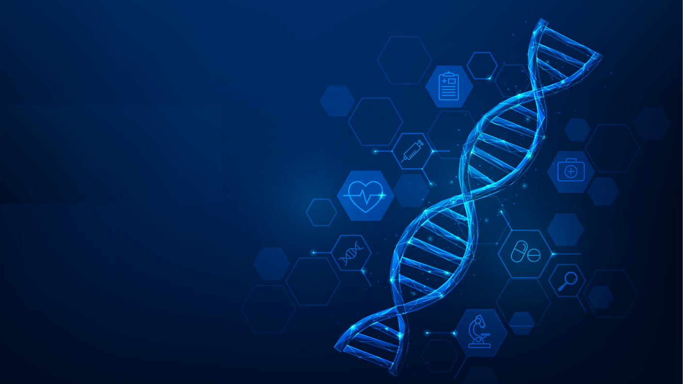 Wireframe depiction of a double-helix DNA strand. Icons that allude to health and medicine float around it. This is all against a dark blue background.