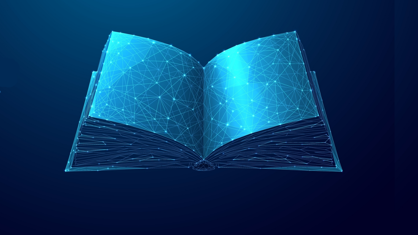 Wireframe of an open book. The image is light blue against a darker blue background.
