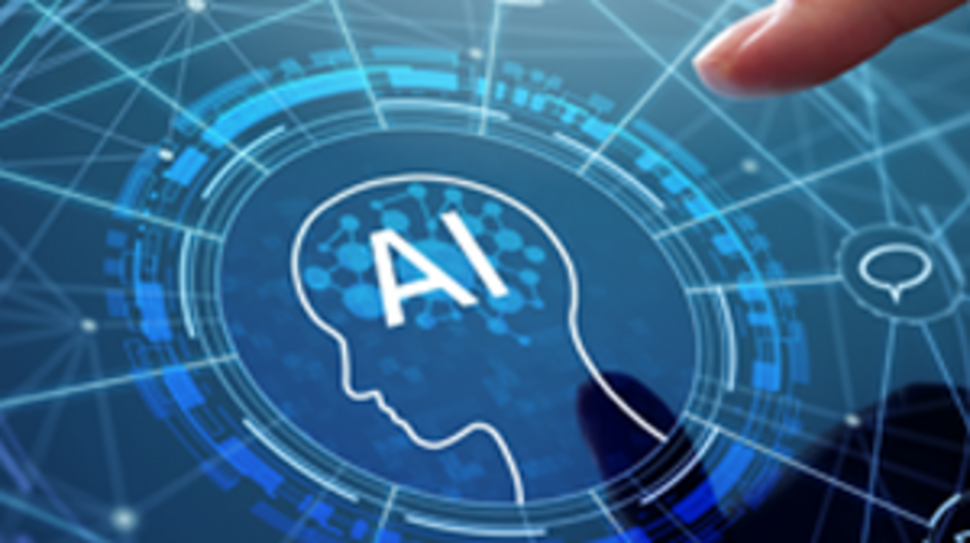 Illustration of artificial intelligence situated at the core of a process that's interconnected and consists of many functions, like the human brain to parts of the body. The image appears in a digital display format, and a human finger hovers over it ready to interact with the display.
