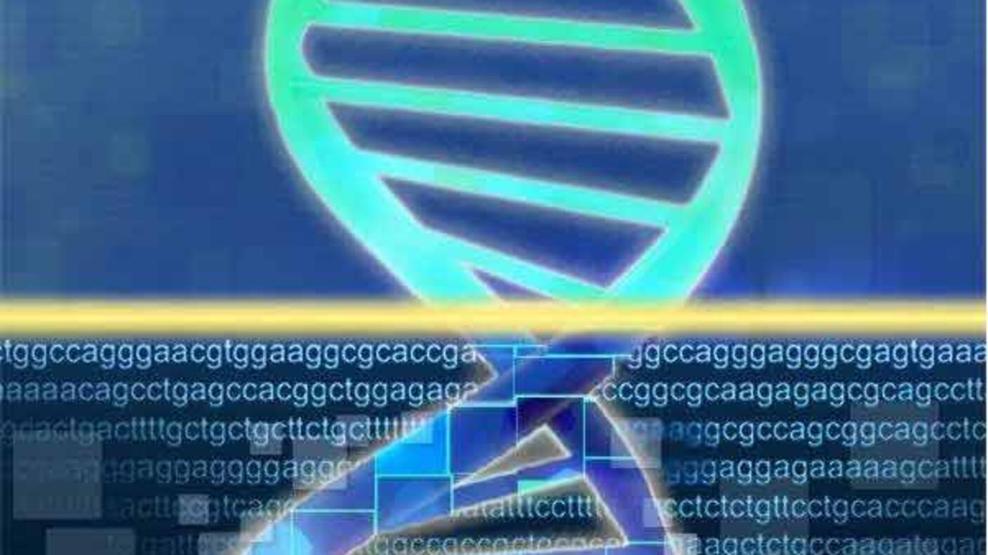 A double helix illustration. On top, the helix is blue and green on a flat blue background; on bottom, the helix has lines within its silhouette, the letters ACGT repeat in the background in different configurations, and the background also has squares of different sizes.