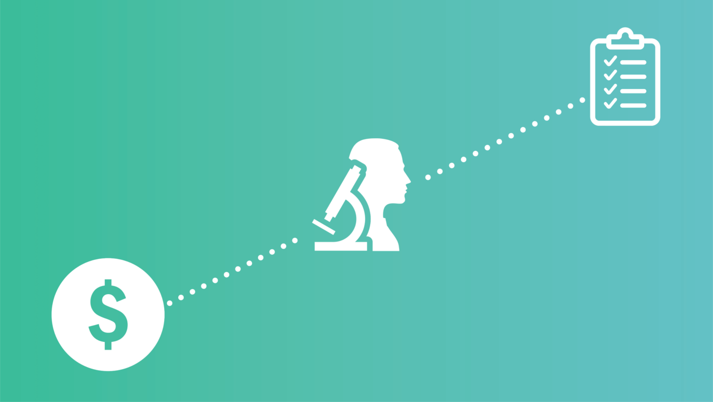 Three icons of a dollar sign in a circle, a peron behind a microscope, and a checklist on a clipboard connected by a dotted line on a gradient background transitioning from green to blue.