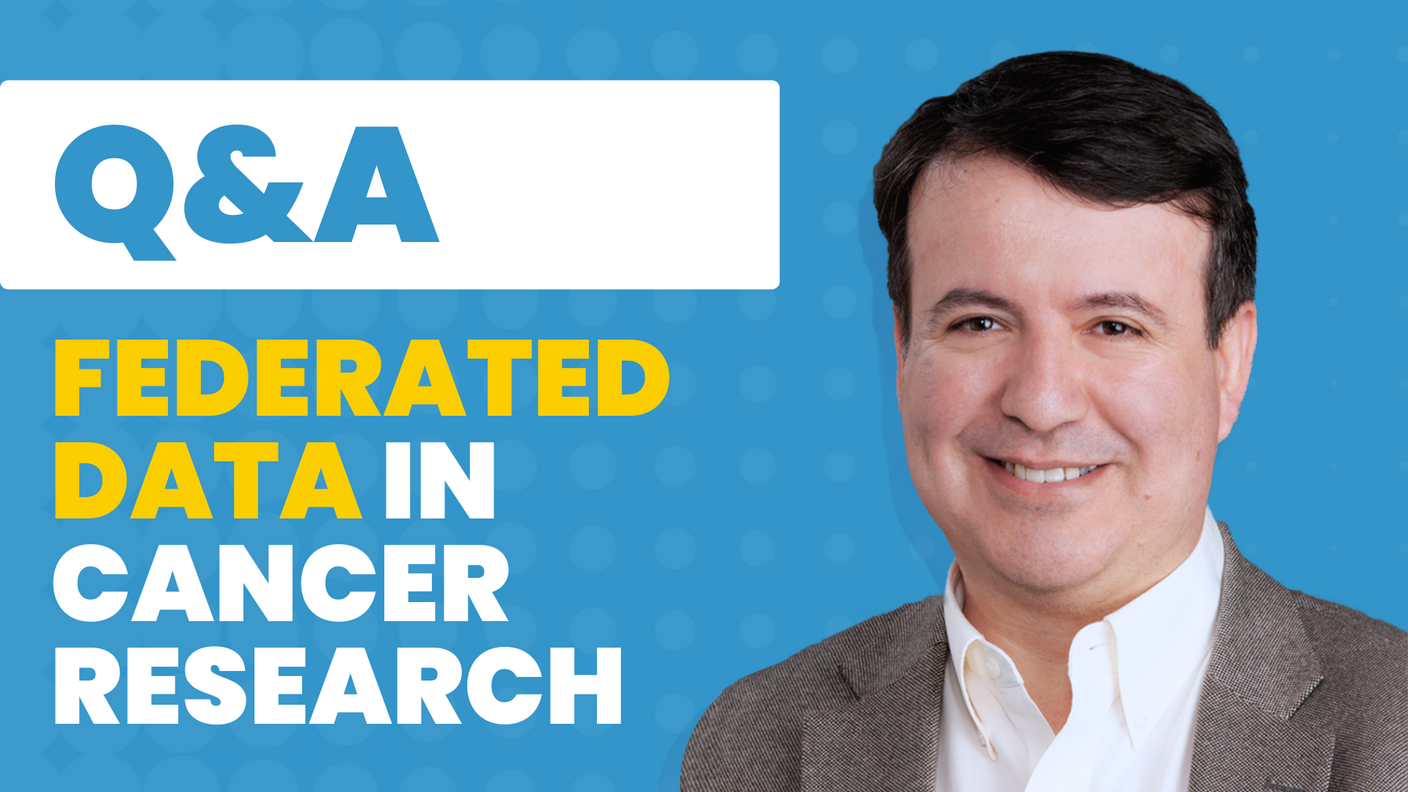 Professional headshot of Dr. Umit Topaloglu positioned on the right while text on the left reads: Q&A federated data in cancer research