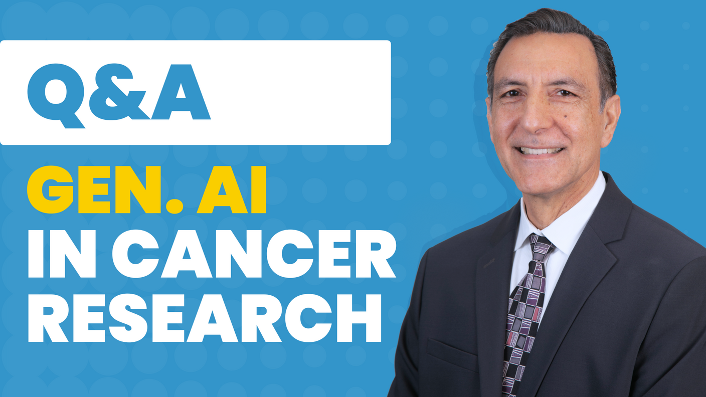 Professional headshot of Dr. Daoud Meerzaman positioned on the right while text on the left reads: Q&A gen. AI in cancer research.