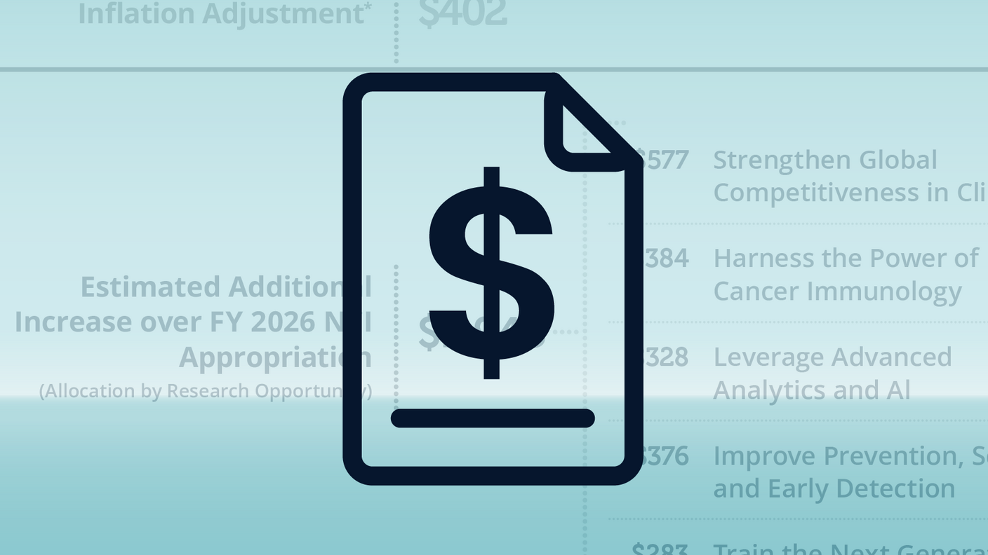 Dark blue icon of a dollar sign on a page, overlaid onto a blue background showing cells from a budget spreadsheet.