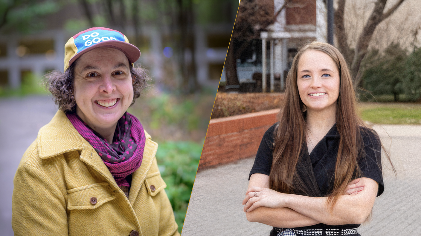 A split portrait features cancer patients Olivia and Gabrielle outdoors. On the left, Olivia smiles at the camera, wearing a yellow jacket, patterned scarf, and multicolored cap with the words “DO GOOD.” On the right, Gabrielle smiles at the camera with her arms crossed, wearing a black top and standing near a brick building and large tree. A diagonal gold line separates the two portraits.