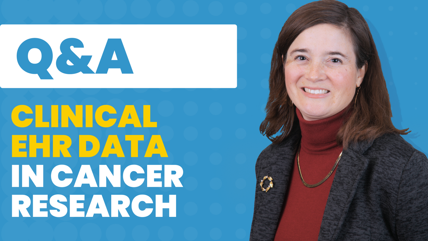 Professional headshot of Dr. Shannon Silkensen positioned on the right while text on the left reads: Q&A clinical EHR data in cancer research.