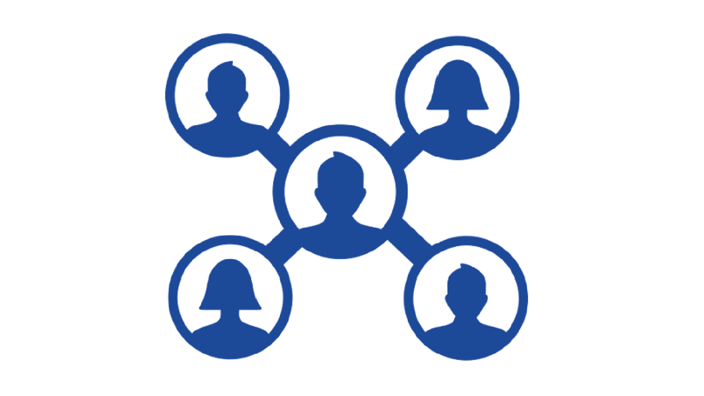 Silhouettes of five people who each sit in separate bubbles but are interconnected, symbolizing collaboration.