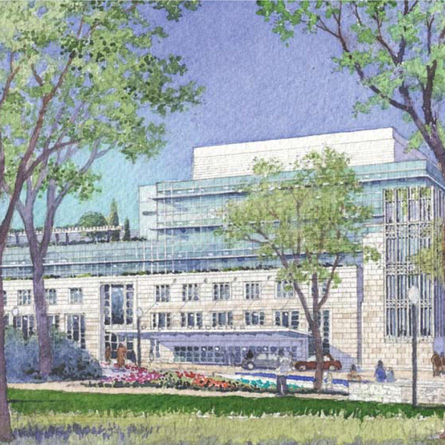 An illustration of the Duke Cancer Institute. In the foreground are leafy green trees; in the background, a white multistory building can be seen in the center. On either side, there are buildings with similar exteriors in different sizes.