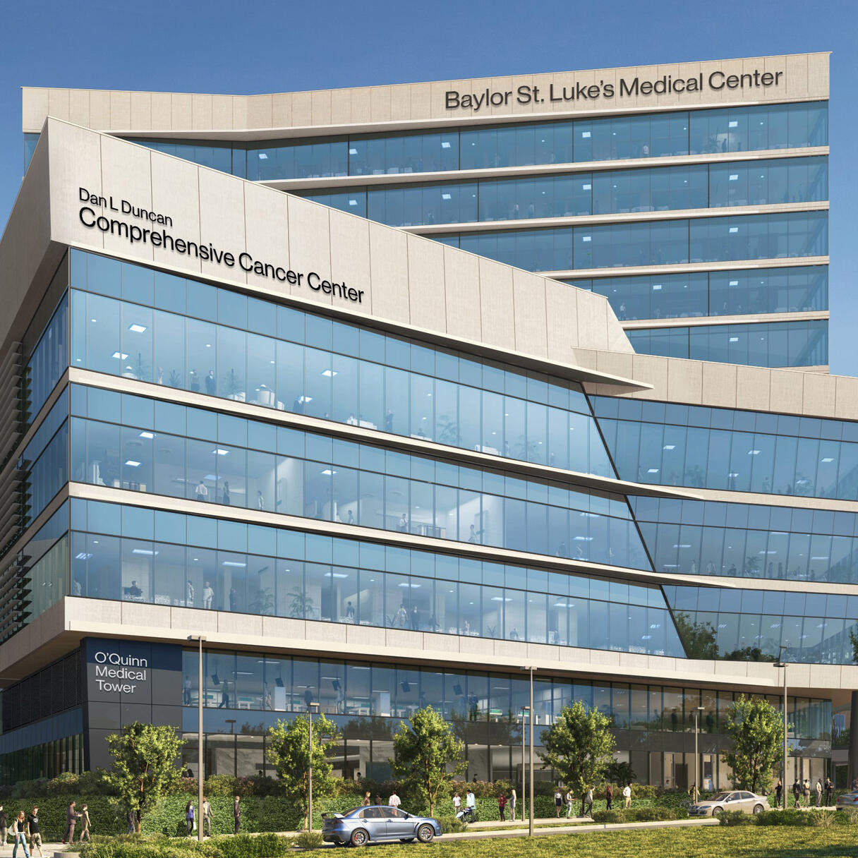 Dan L Duncan Comprehensive Cancer Center at Baylor College of Medicine, a modern glass-fronted building with angular design and people outside.