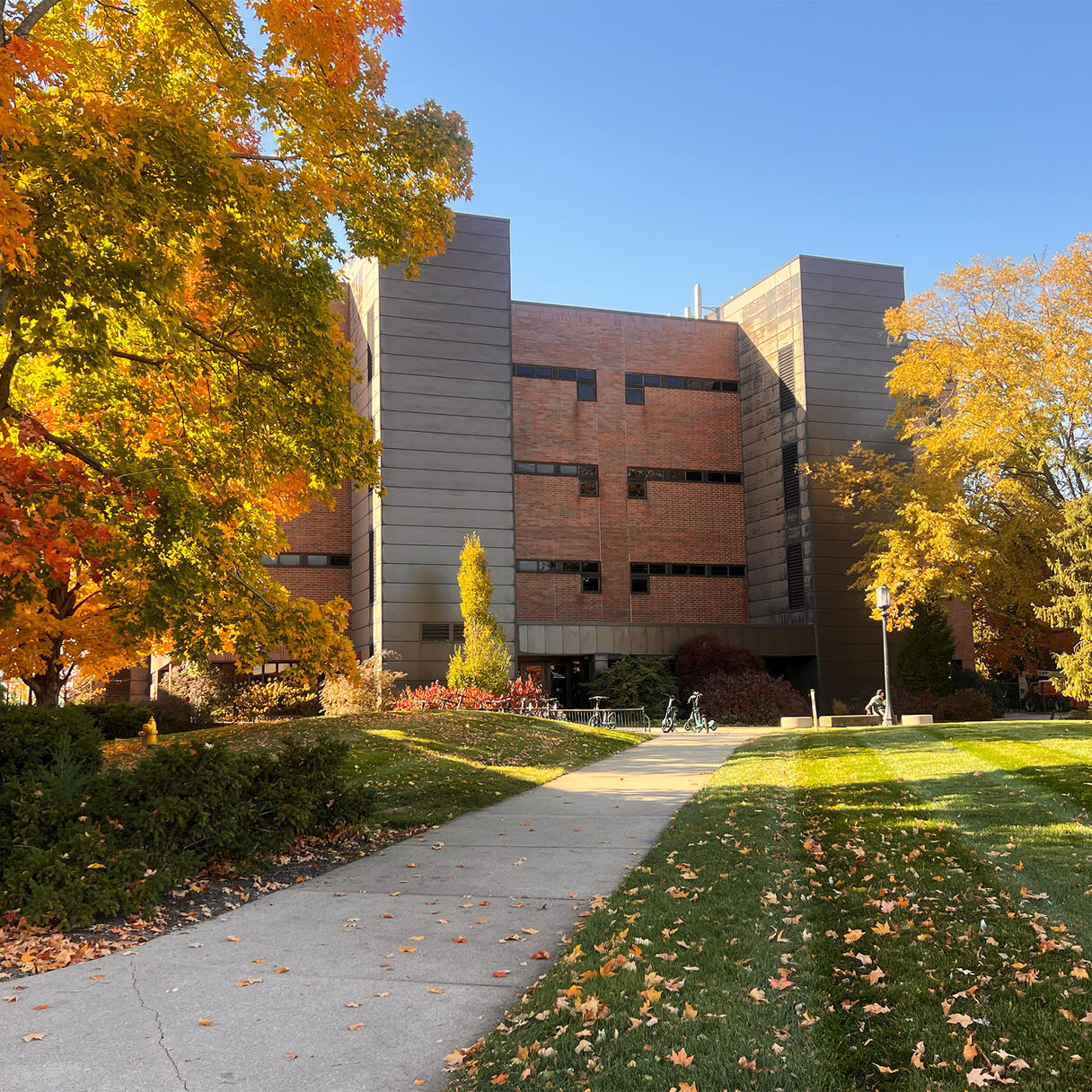 Purdue University Institute for Cancer Research building surrounded by autumn trees, with a walkway leading to the entrance.