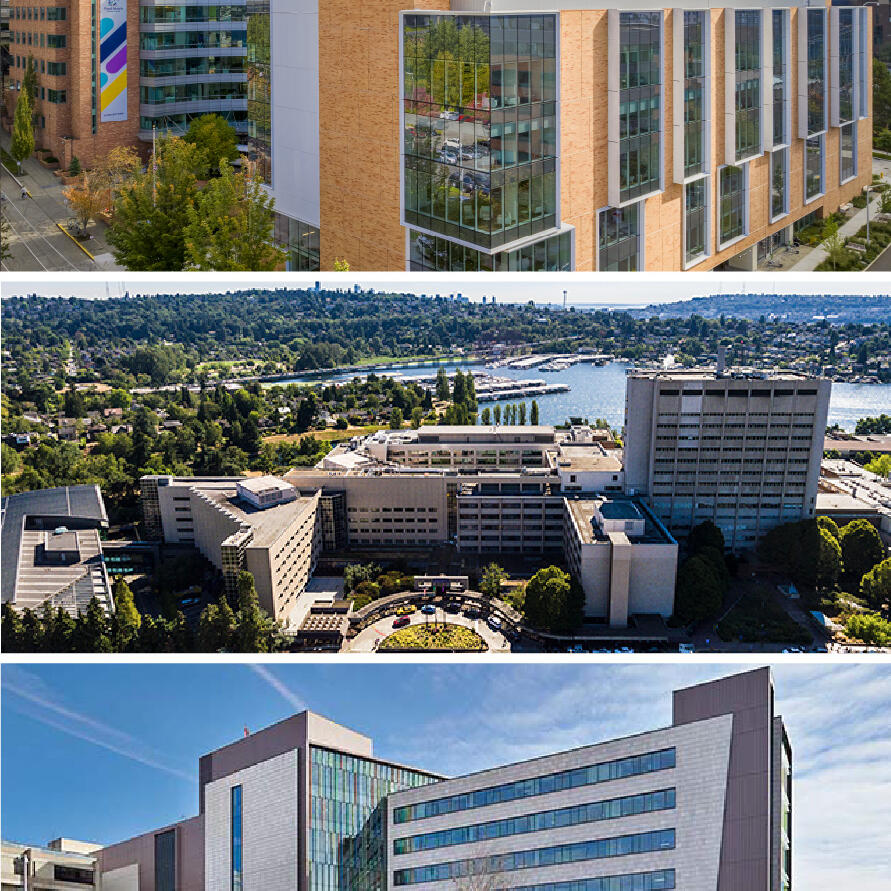 Fred Hutchinson/University of Washington Cancer Consortium buildings in three views, including modern glass and brick structures and a waterfront setting.
