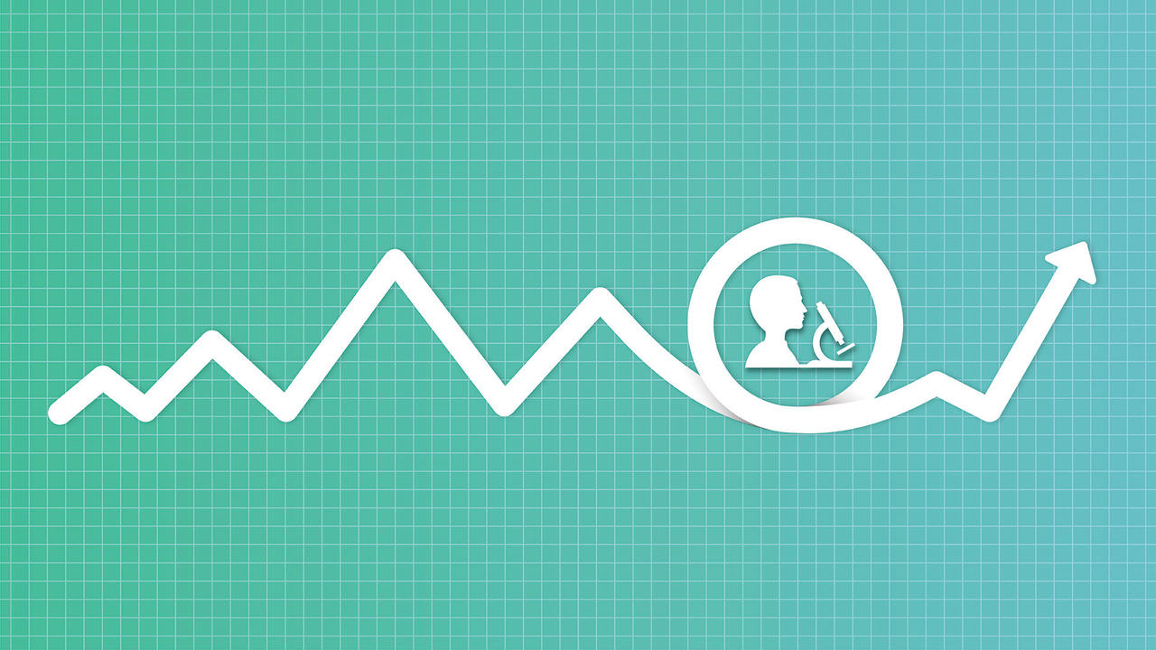 Illustration of a fluctuating line graph on a green grid background, showing an upward trend. A circular icon of a person looking into a microscope is placed in the middle of the graph.