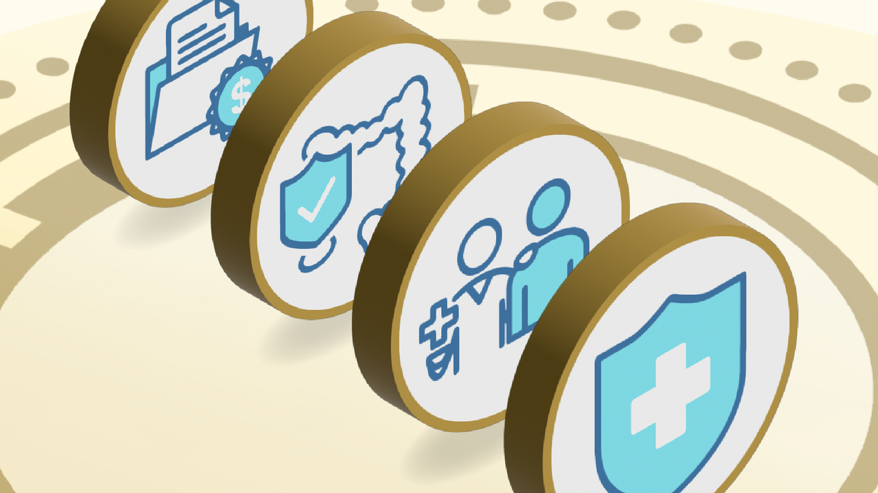 Illustration of four 3D circles with a different healthcare-related icon on each: a document with a dollar symbol signifying funding and grants, a check mark with an colon signifying screening, a doctor with a hand on the shoulder of a patient, and a shield with a medical cross. The icons are arranged in-line on a light background. 