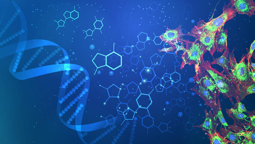 A double helix, hexagonal molecules, and cells on a blue background.