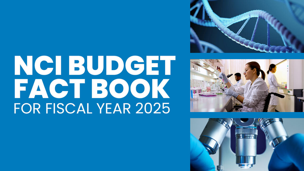 Text reads “NCI Budget Fact Book for Fiscal Year 2025” above three side-by-side images: a 3d, computer generated double helix DNA strand, a female researcher in a wheelchair in a lab, and a closeup view of a microscope.