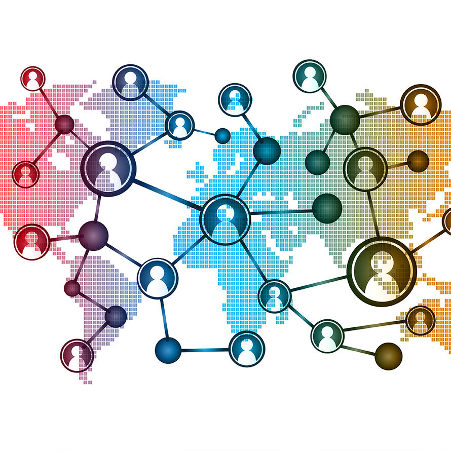 Image of colorful world map with nodes laid on top