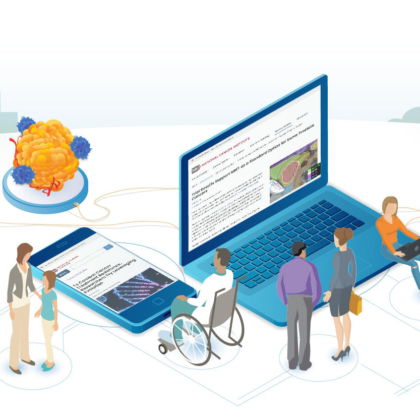 Una imagen ilustrada que presenta escenas interconectadas: un modelo de tumor, una computadora portátil y un dispositivo móvil que muestran artículos de investigación, actividad física, medicamentos recetados y personas diversas.