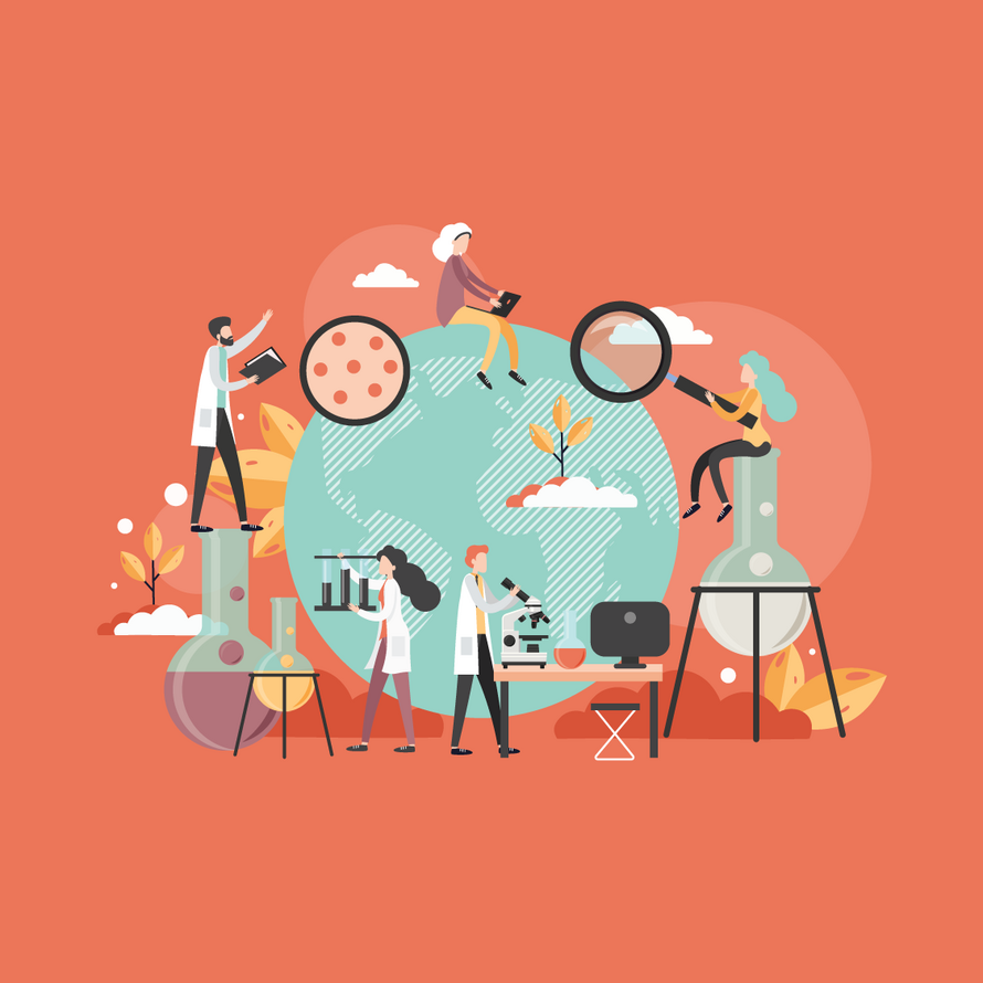 Illustration with people depicted engaging in scientific activities around a globe.