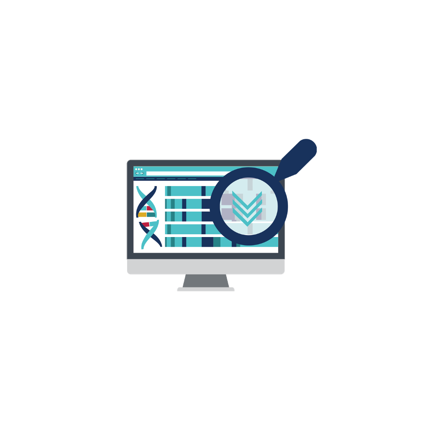 Computer screen showing DNA, with a magnifying glass highlighting part of the screen.